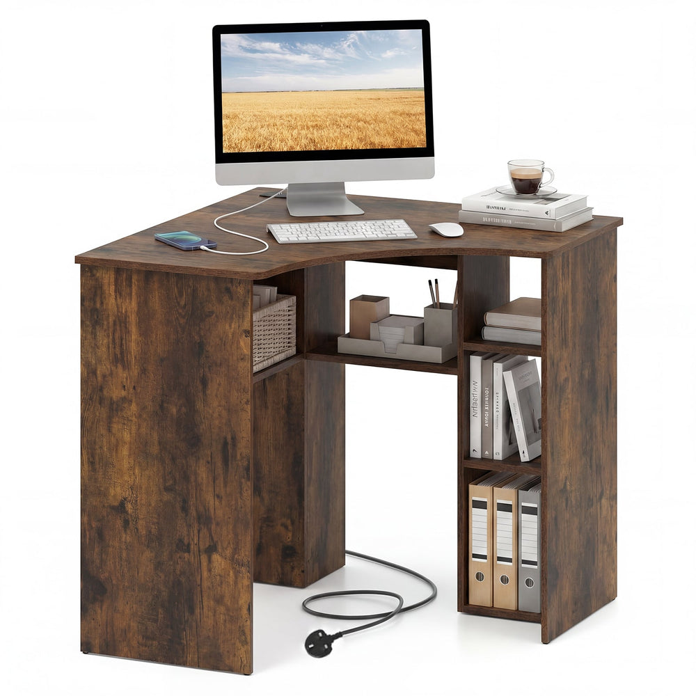 90-degree Triangle Computer Desk with Open Storage Shelves-Rustic Brown