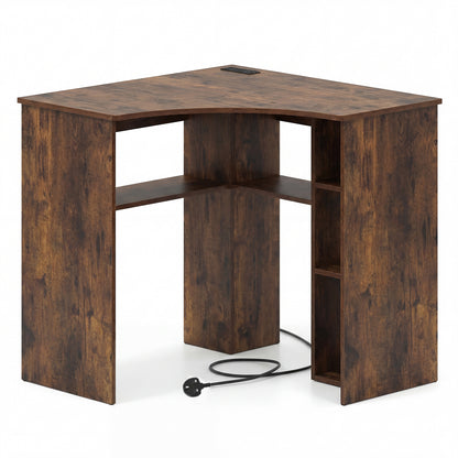 90-degree Triangle Computer Desk with Open Storage Shelves-Rustic Brown
