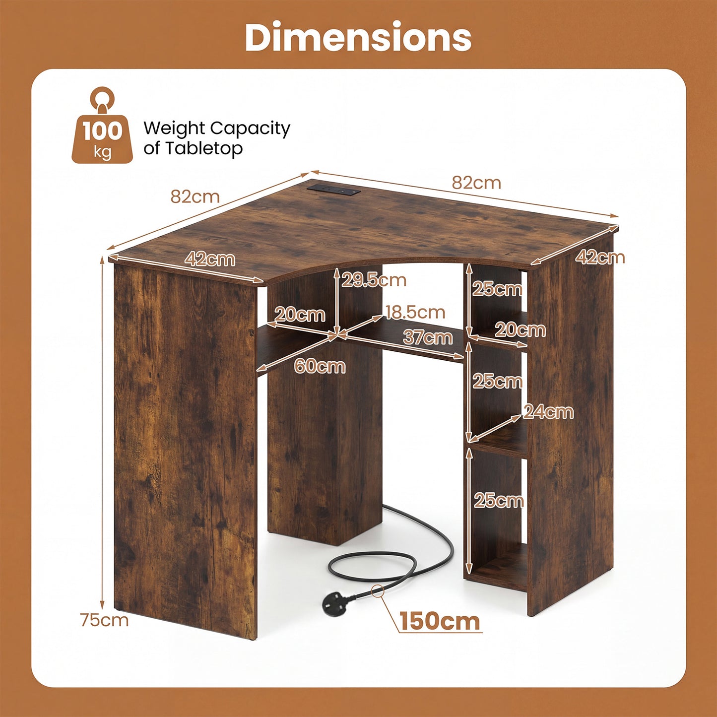 90-degree Triangle Computer Desk with Open Storage Shelves-Rustic Brown