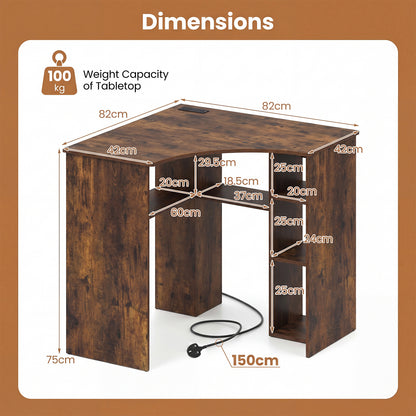 90-degree Triangle Computer Desk with Open Storage Shelves-Rustic Brown