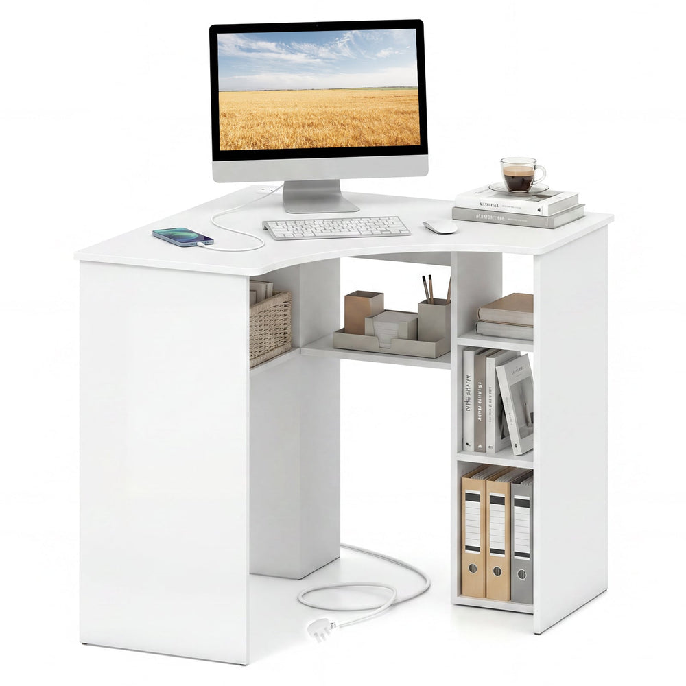90-degree Triangle Computer Desk with Open Storage Shelves-White