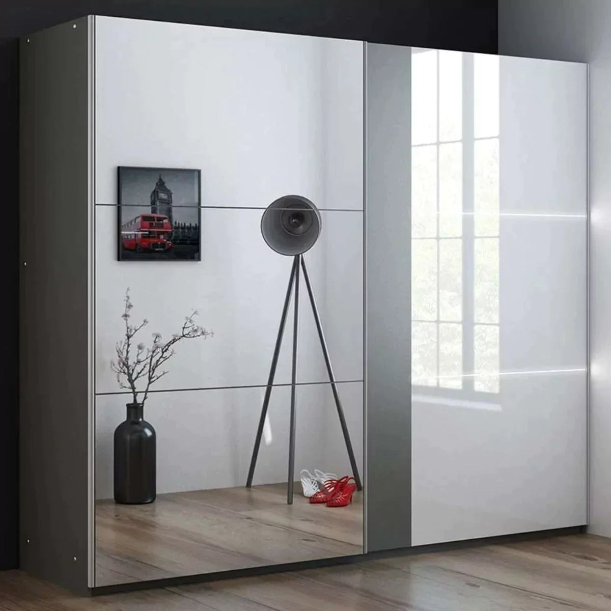 Canterbury Sliding Door Mirrored 250cm Wardrobe - Black, Graphite