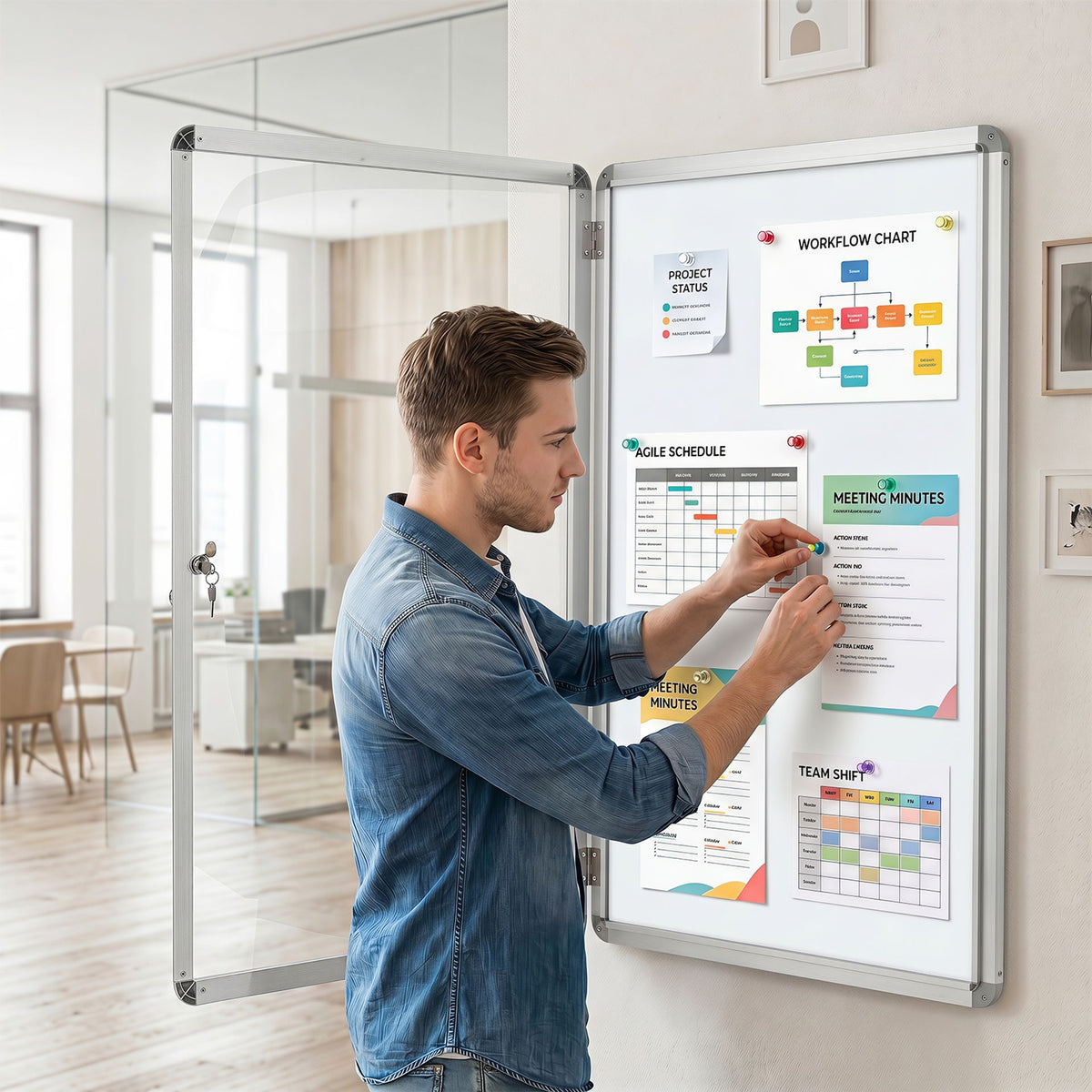 90 x 60 cm Enclosed Bulletin Board with Locking Door and Aluminum Alloy Frame-Silver