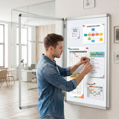 90 x 60 cm Enclosed Bulletin Board with Locking Door and Aluminum Alloy Frame-Silver