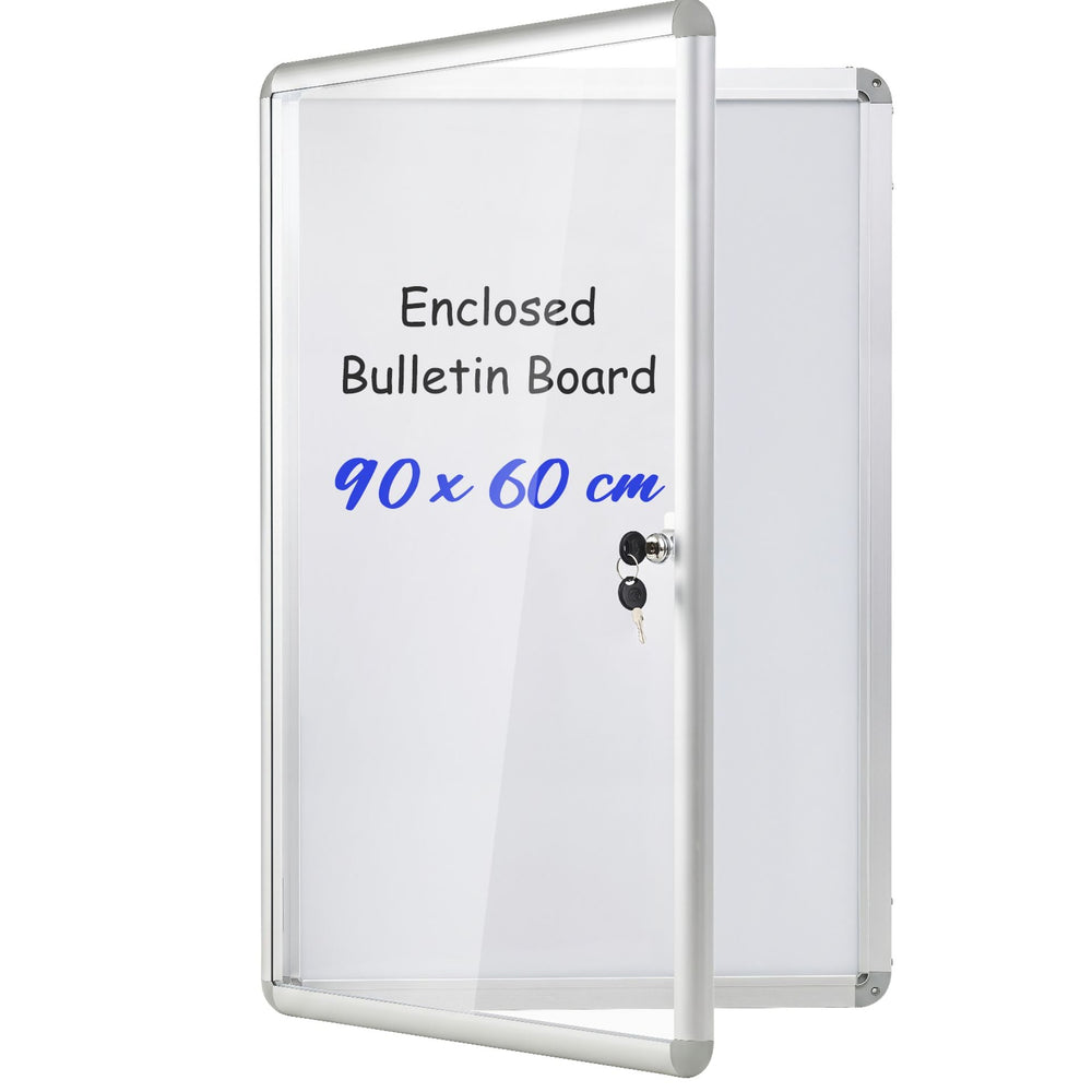 90 x 60 cm Enclosed Bulletin Board with Locking Door and Aluminum Alloy Frame-Silver