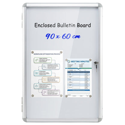 90 x 60 cm Enclosed Bulletin Board with Locking Door and Aluminum Alloy Frame-Silver