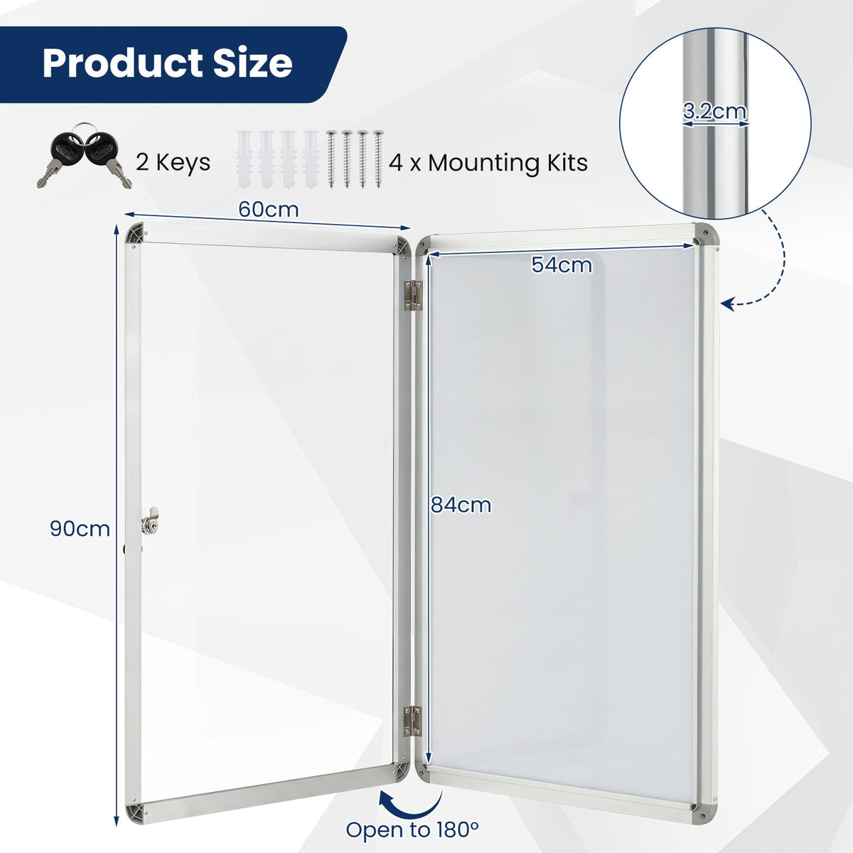 90 x 60 cm Enclosed Bulletin Board with Locking Door and Aluminum Alloy Frame-Silver