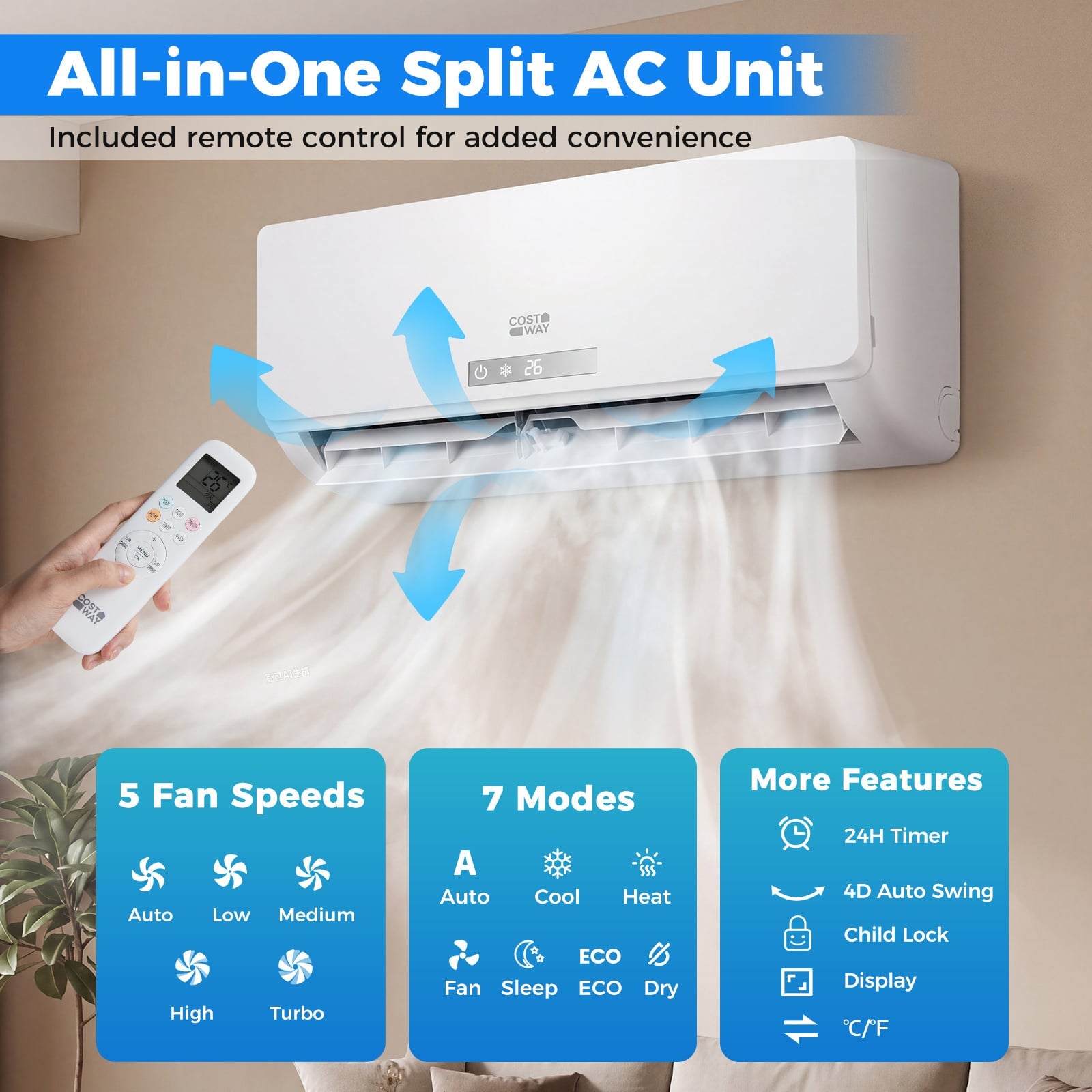 9000 BTU Mini Split Air Conditioner and Heater A++ Energy Efficient Split AC Cools Up to 42㎡