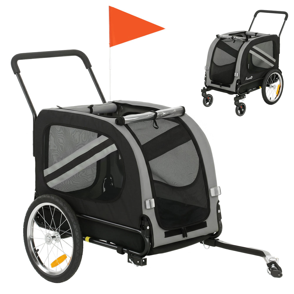 PawHut 2-In-1 Pet Bike Trailer Dog Stroller Pushchair with Universal Wheel Reflector Flag Grey