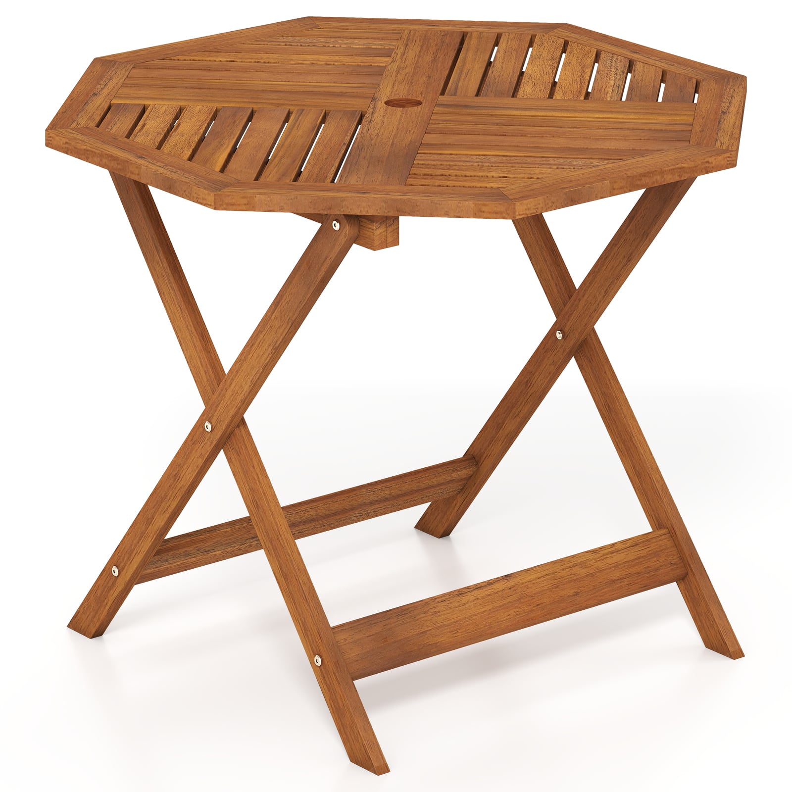 90CM Solid Wood Patio Dining Table with 5cm Umbrella Hole and Slatted Tabletop