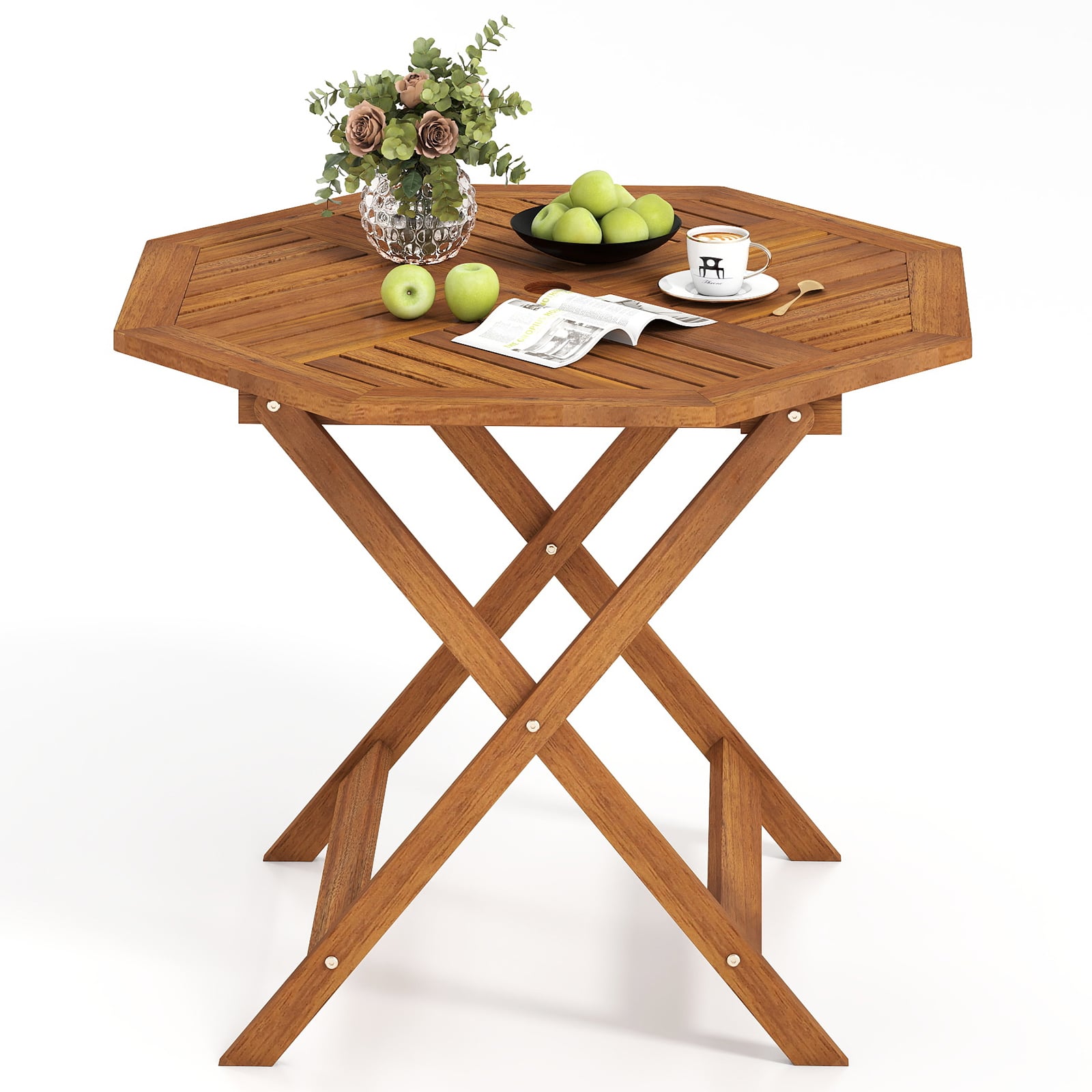 90CM Solid Wood Patio Dining Table with 5cm Umbrella Hole and Slatted Tabletop