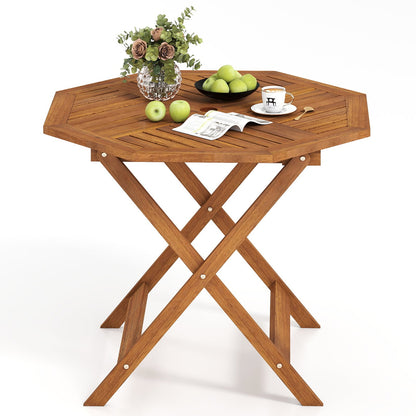 90CM Solid Wood Patio Dining Table with 5cm Umbrella Hole and Slatted Tabletop