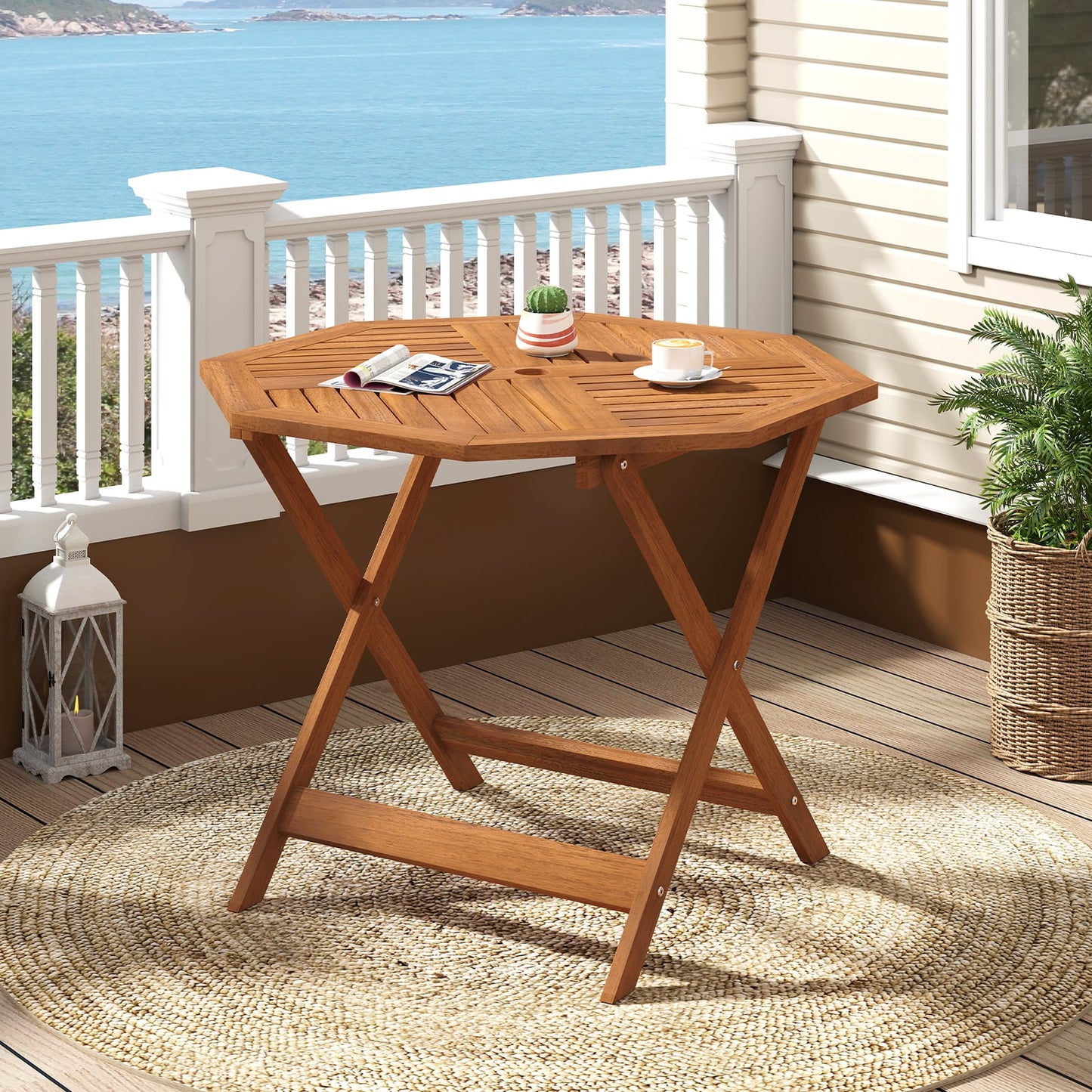 90CM Solid Wood Patio Dining Table with 5cm Umbrella Hole and Slatted Tabletop