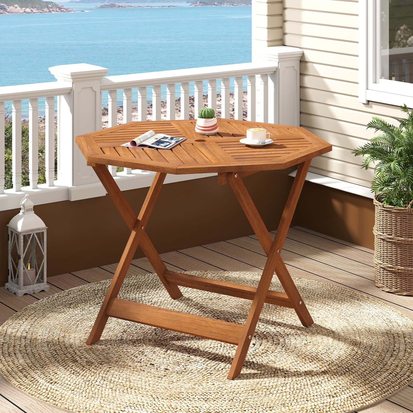 90CM Solid Wood Patio Dining Table with 5cm Umbrella Hole and Slatted Tabletop