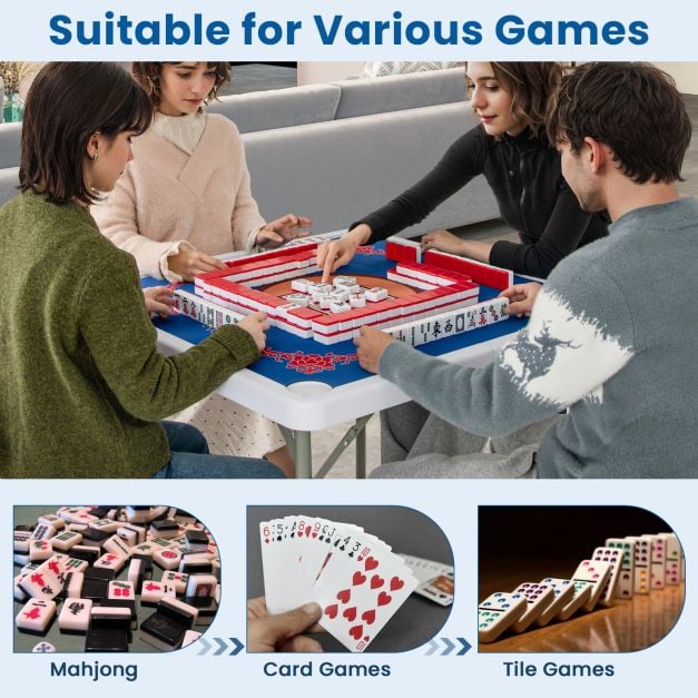 35 Inch 4 Player Game Card Folding Mahjong Table with Cup Holders-Blue