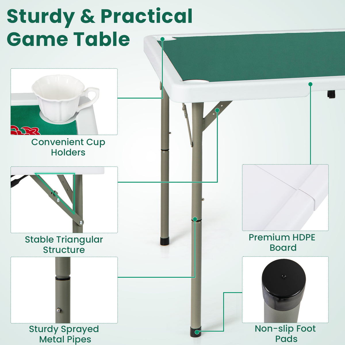 Folding Mahjong Table with Cup Holders and Removable Game Mat-Green