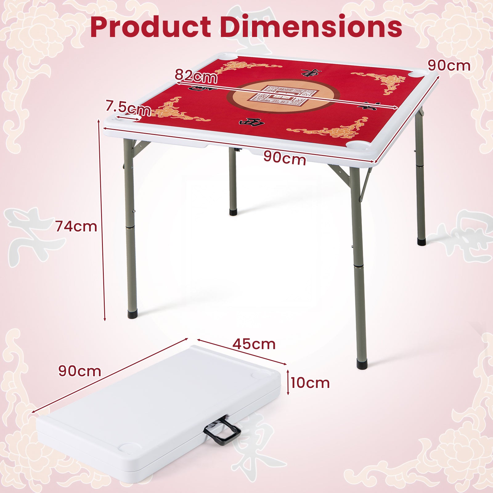 Folding Mahjong Table with Cup Holders and Removable Game Mat-Red