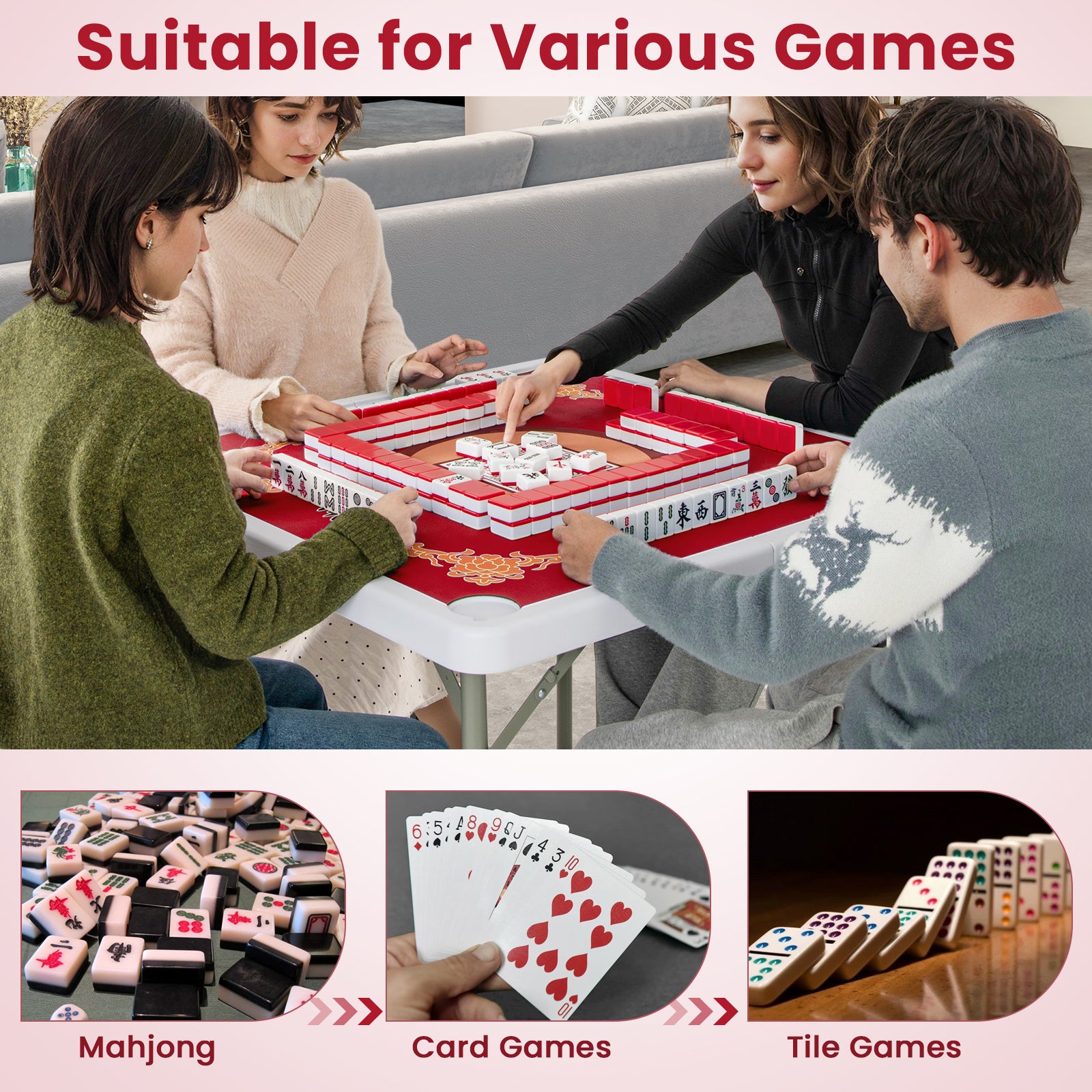 Folding Mahjong Table with Cup Holders and Removable Game Mat-Red