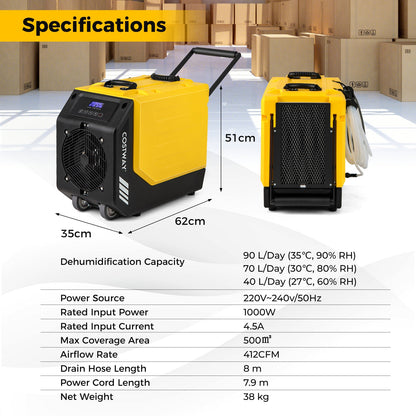 90L/Day Commercial Dehumidifier with Pump and 2 Wheels-Yellow