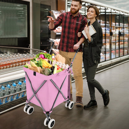 90L Folding Shopping Trolley with Removable Waterproof Bag and Cover-Pink