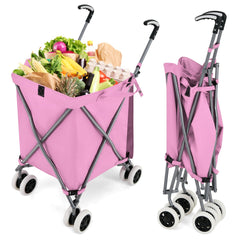 90L Folding Shopping Trolley with Removable Waterproof Bag and Cover-Pink
