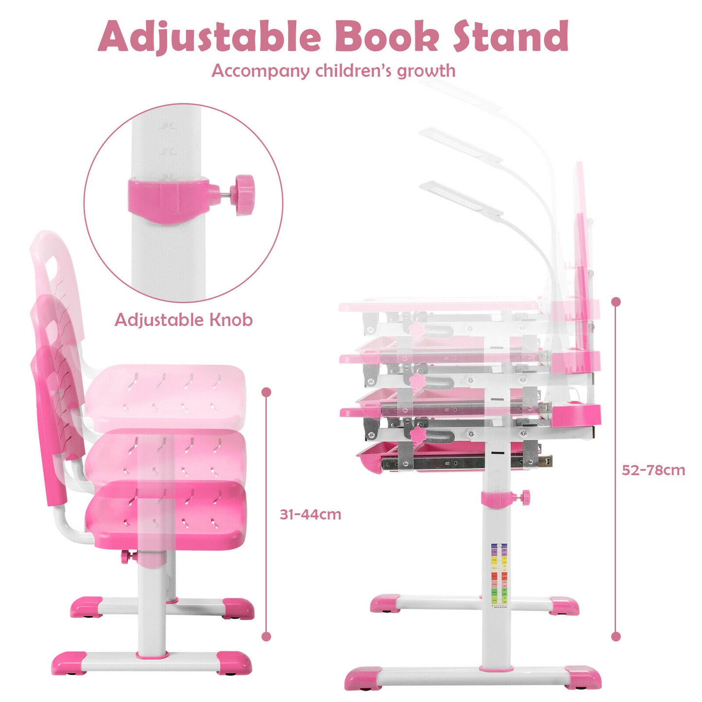 Height Adjustable Kid's Tilted Desk Set with Lamp &amp; Drawer-Pink