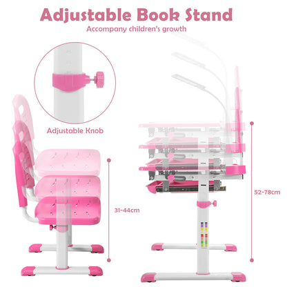 Height Adjustable Kid's Tilted Desk Set with Lamp &amp; Drawer-Pink