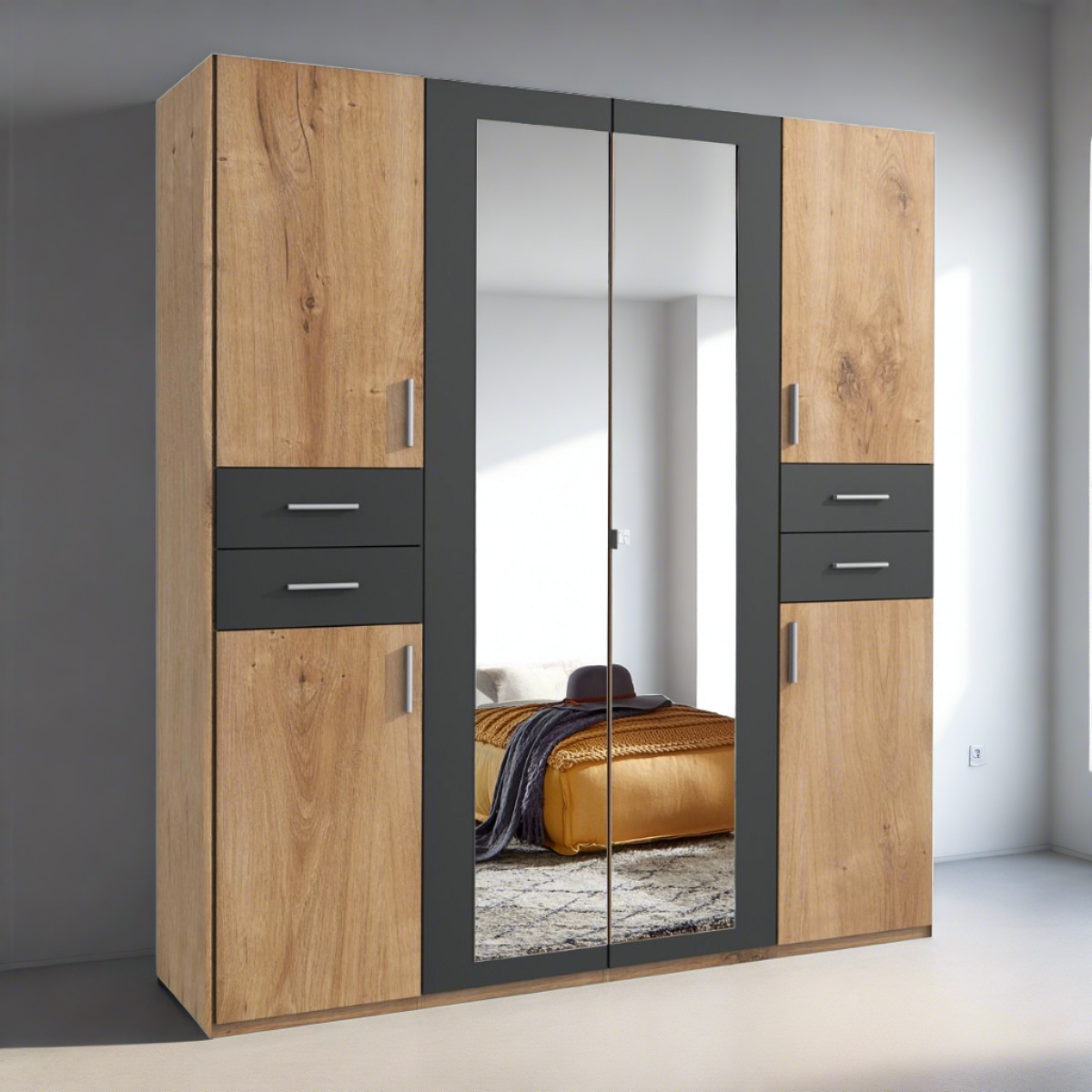 FENTON 6 Door 4 Drawers Mirrored Wardrobe Finish Oak and Graphite 180cm