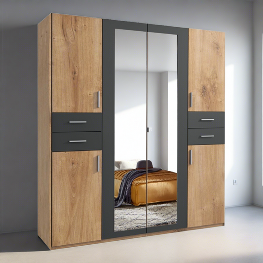 FENTON 6 Door 4 Drawers Mirrored Wardrobe Finish Oak and Graphite 180cm