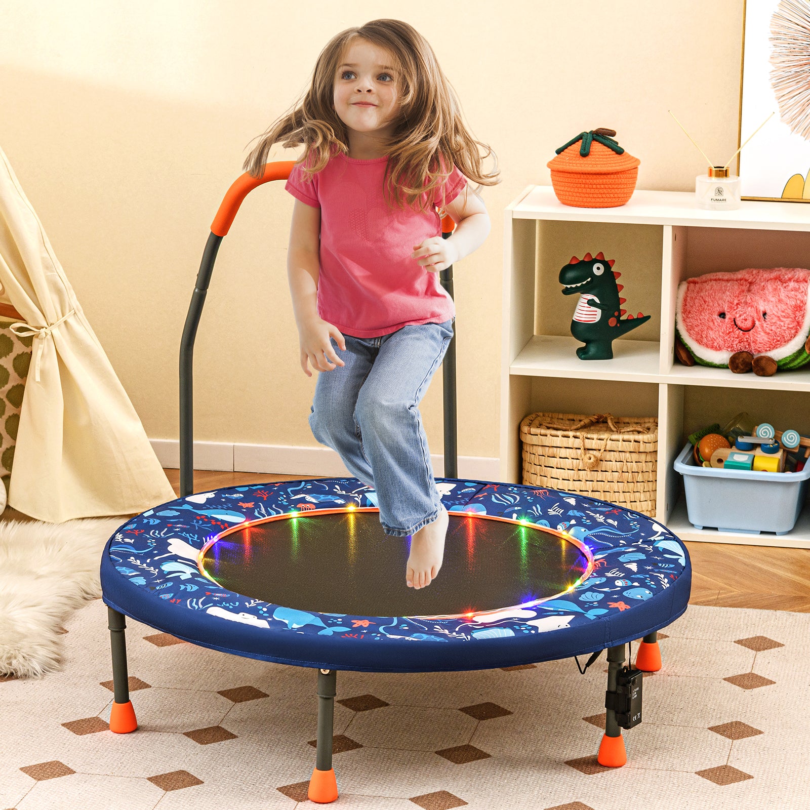 90 cm Folding  Mini Trampoline for Kids with Lights and Padded Safety Cover-Navy
