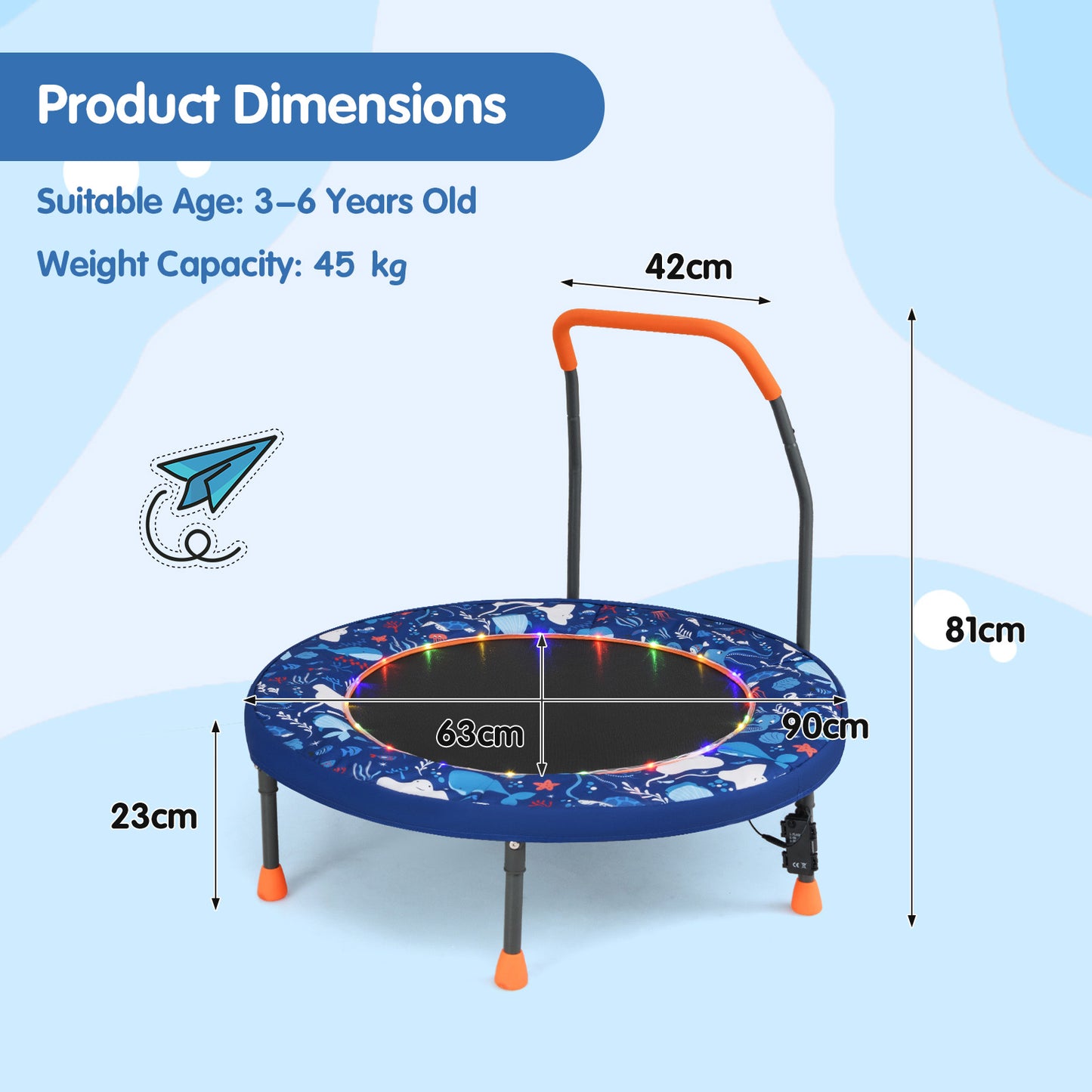 90 cm Folding  Mini Trampoline for Kids with Lights and Padded Safety Cover-Navy