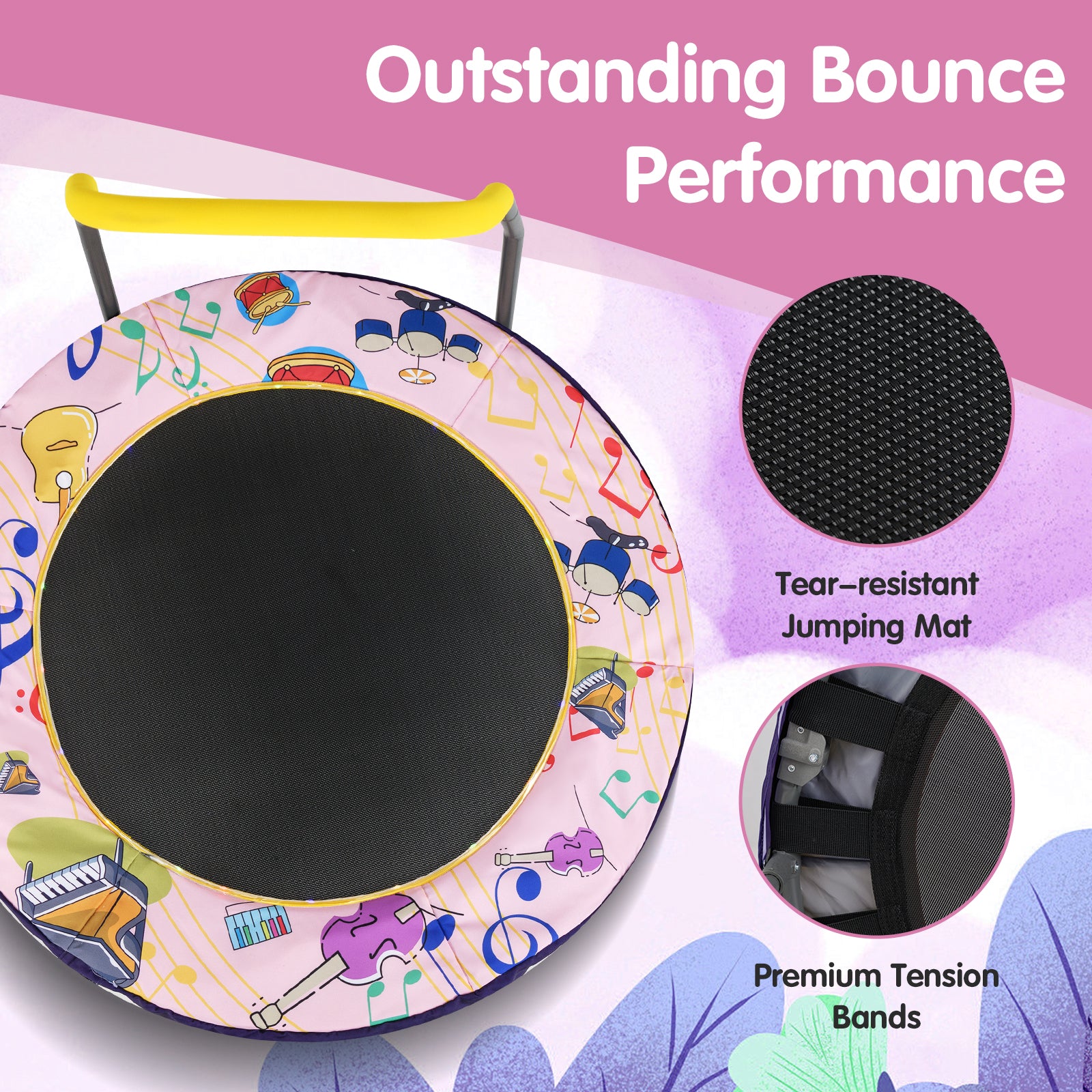 90 cm Folding  Mini Trampoline for Kids with Lights and Padded Safety Cover-Pink