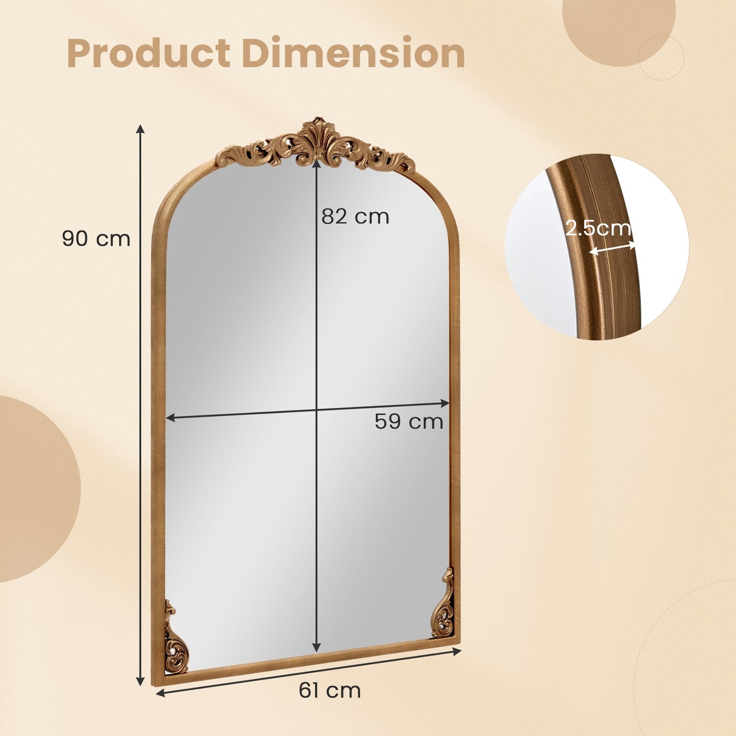 90 x 61cm Antiqued Gold Wall Mirror with Baroque Ornate Frame-M