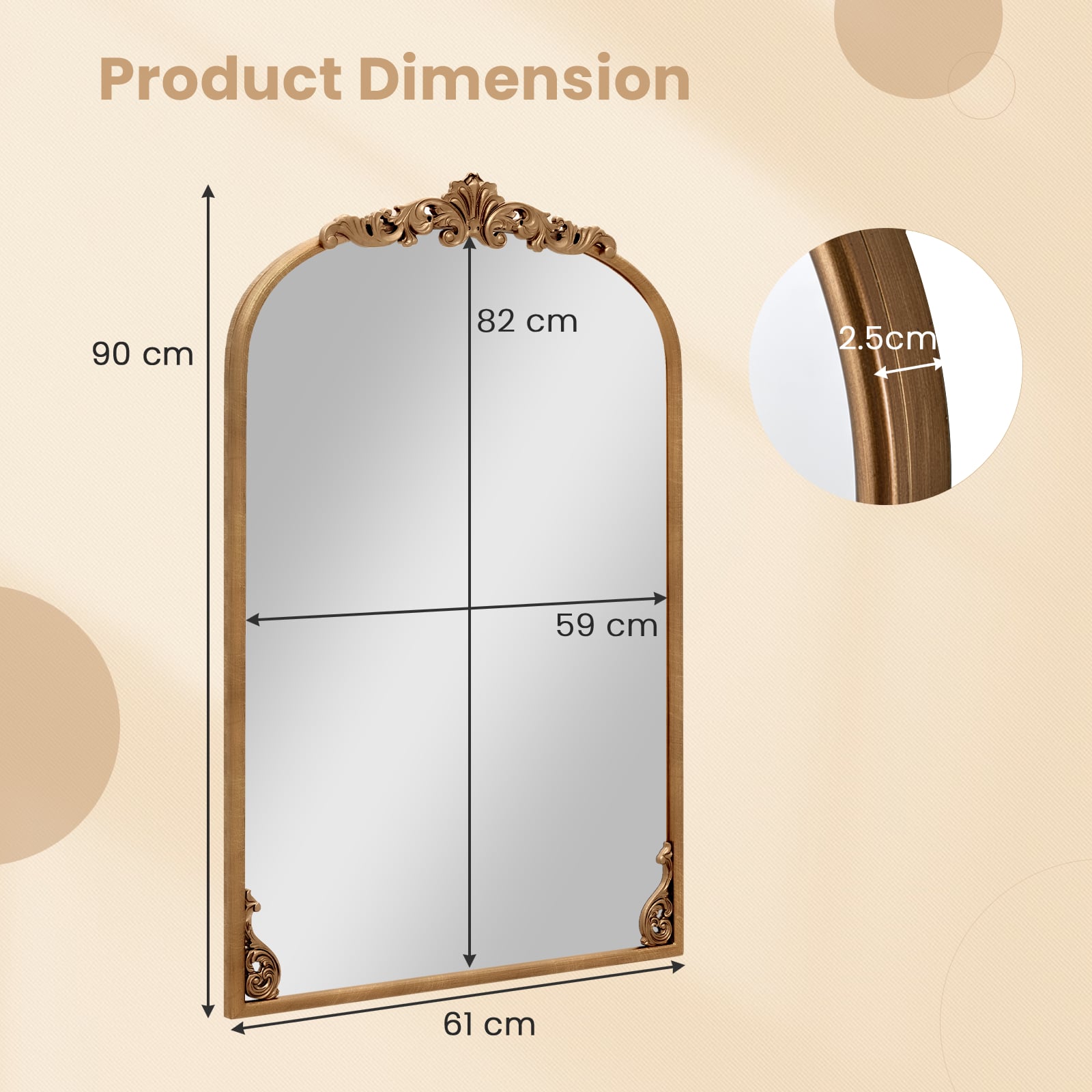 90 x 61cm Antiqued Gold Wall Mirror with Baroque Ornate Frame-M