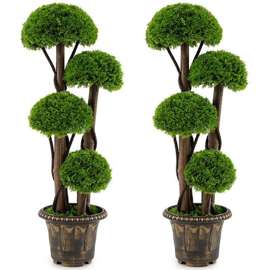 90cm Artificial Cypress Topiary Ball Tree Set of 2 with Retro Cement-filled Planter and Real Wood Trunks