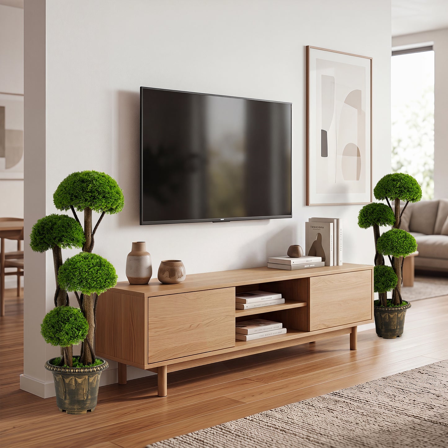 90cm Artificial Cypress Topiary Ball Tree Set of 2 with Retro Cement-filled Planter and Real Wood Trunks