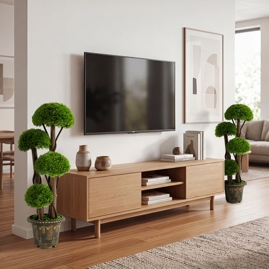 90cm Artificial Cypress Topiary Ball Tree Set of 2 with Retro Cement-filled Planter and Real Wood Trunks
