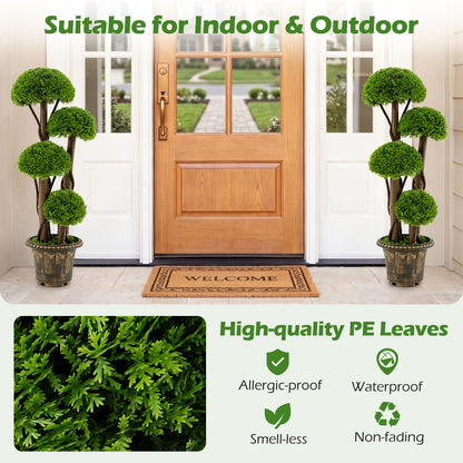 90cm Artificial Cypress Topiary Ball Tree Set of 2 with Retro Cement-filled Planter and Real Wood Trunks
