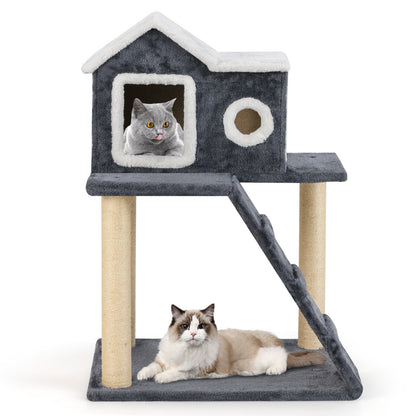 90cm Modern Cat Tree 3-level Cat Condo Furniture with Openable Roof-Gray