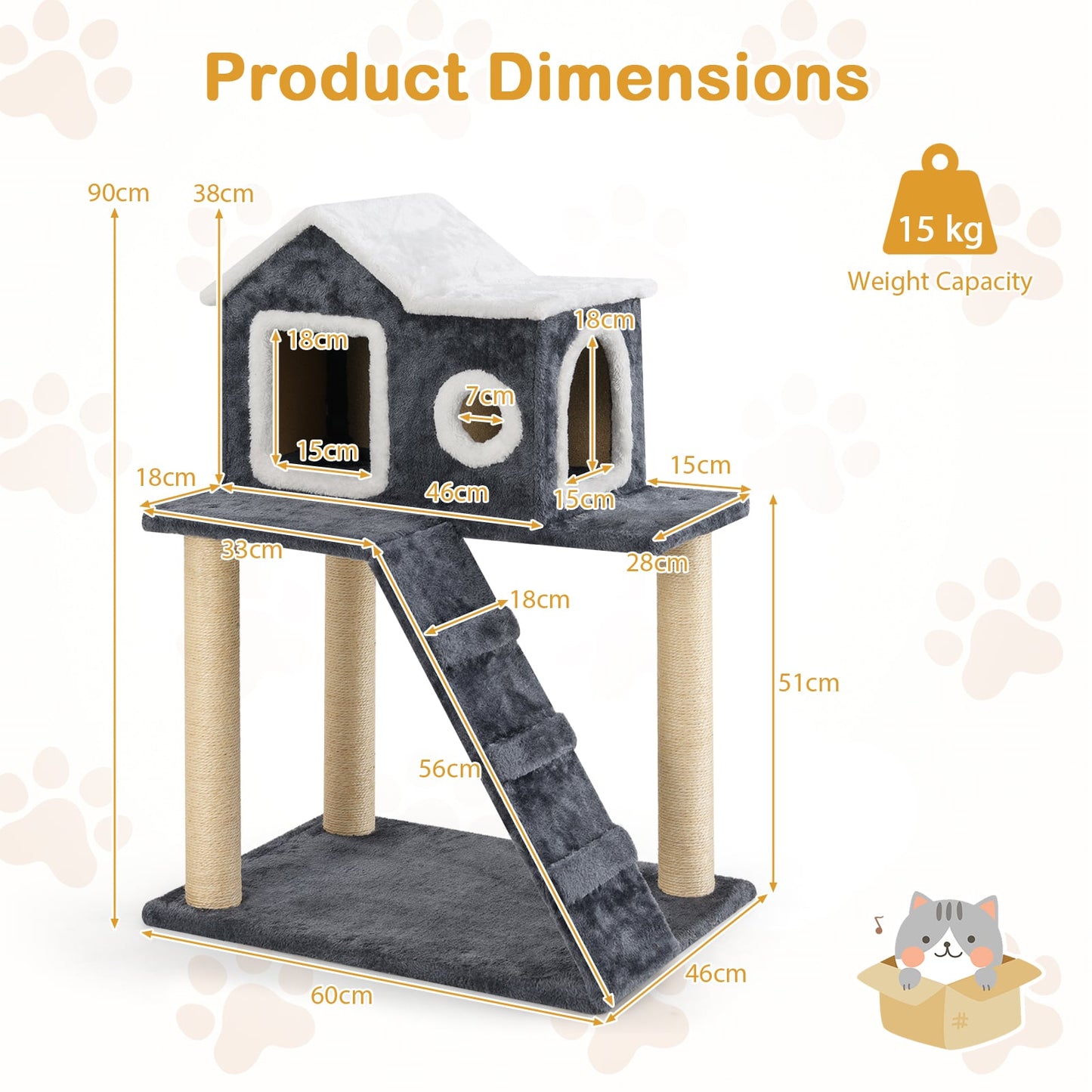 90cm Modern Cat Tree 3-level Cat Condo Furniture with Openable Roof-Gray