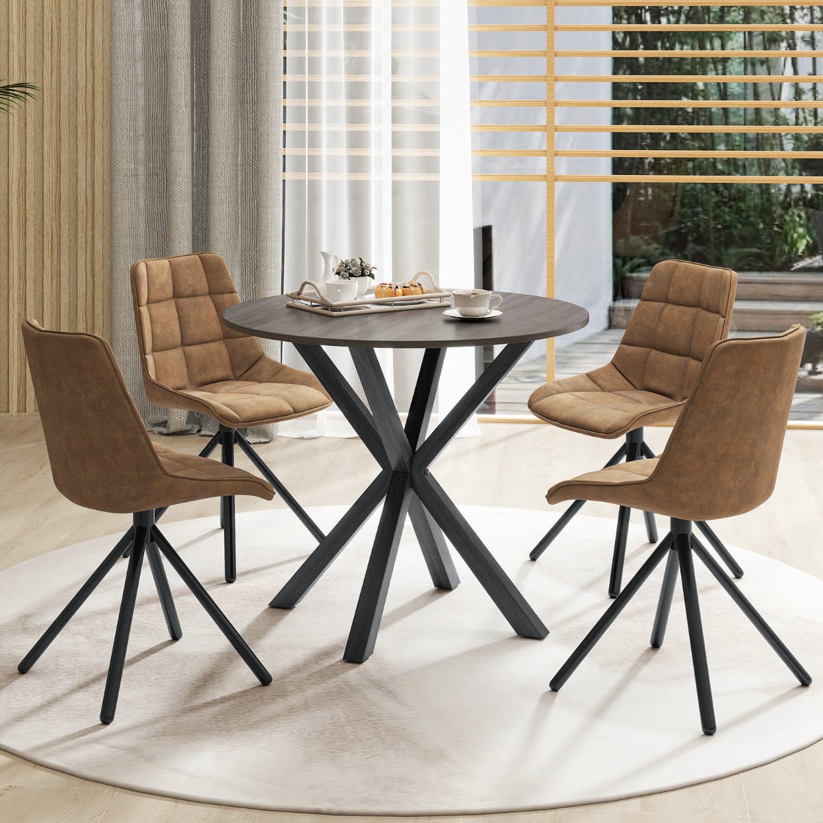 90CM Wood Dining Table with Intersecting Pedestal Base-Black