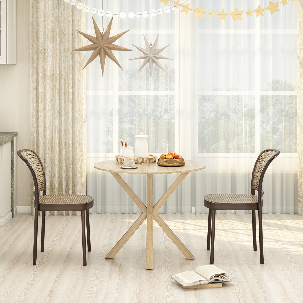 90CM Wood Dining Table with Intersecting Pedestal Base-Brown
