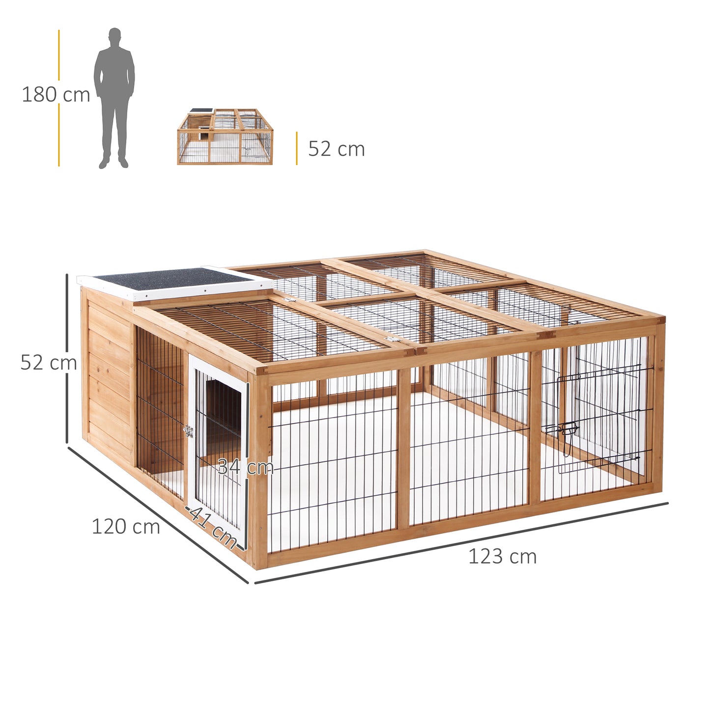 PawHut Rabbit Hutch Outdoor, Guinea Pig House, Bunny Run Cage with Openable Top for 1â€“2 Rabbits, 123 x 120 x 52cm, Yellow