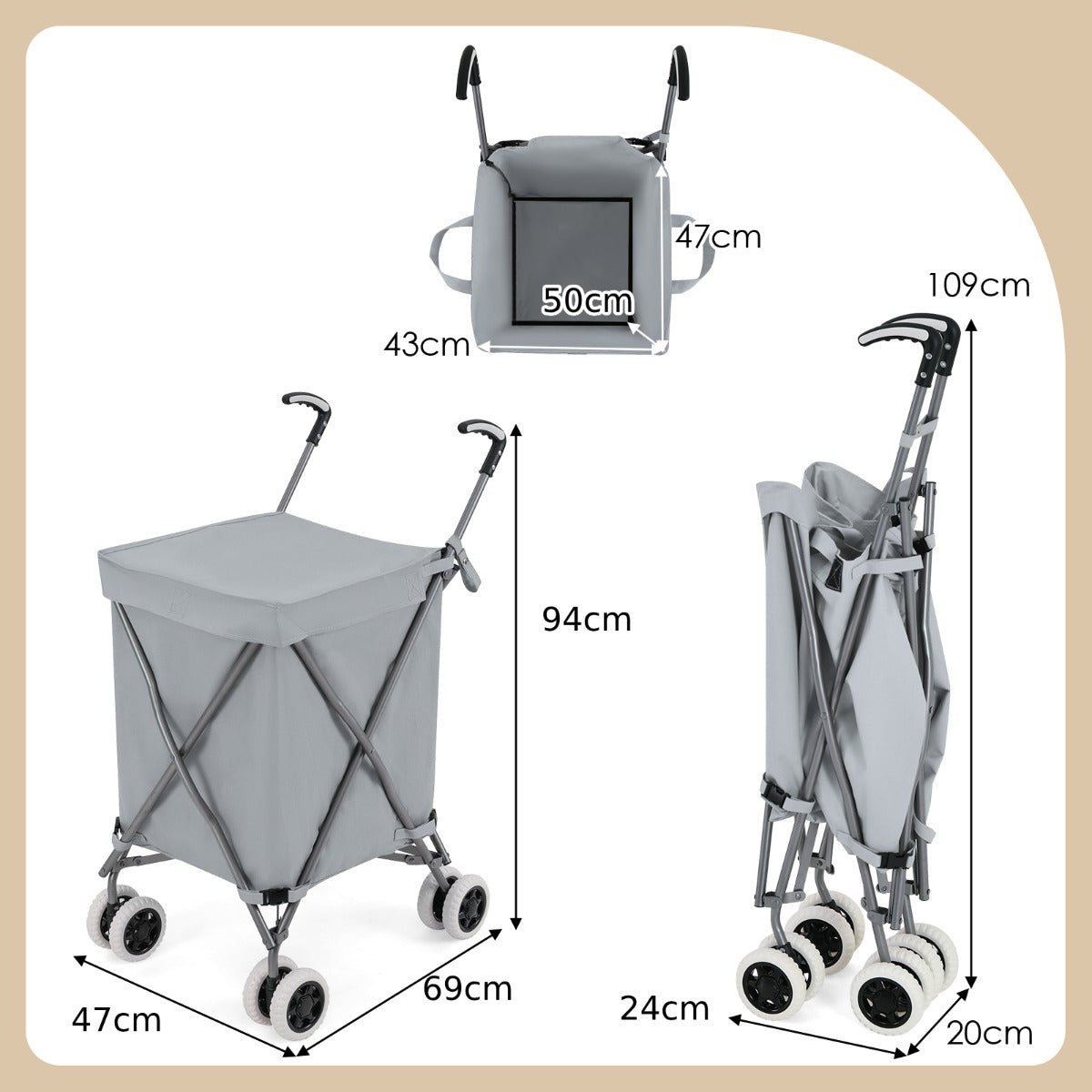 90L Folding Shopping Trolley with Removable Waterproof Bag and Cove-Grey
