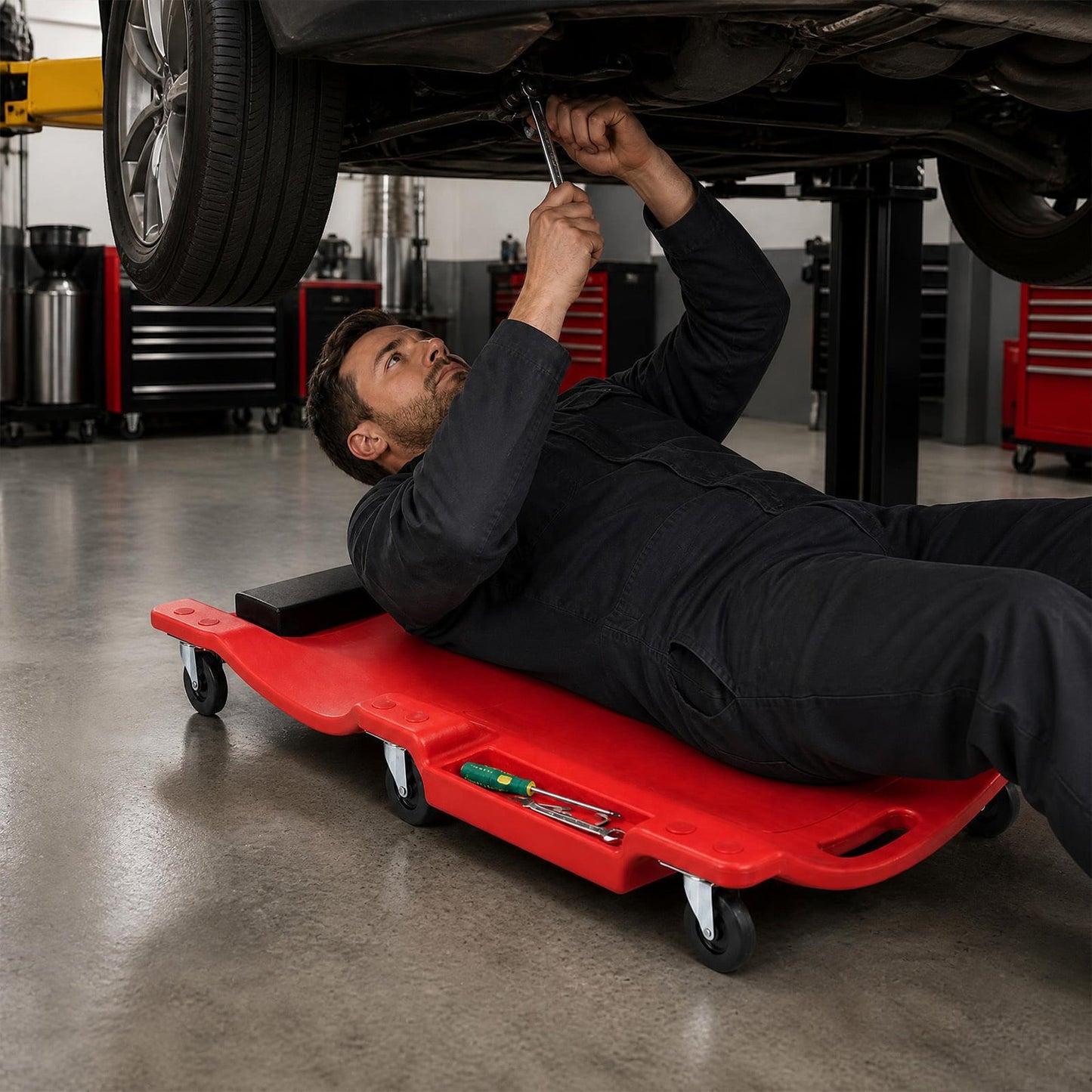 91 CM Low Profile Rolling Garage Creeper with Padded Headrest-Red