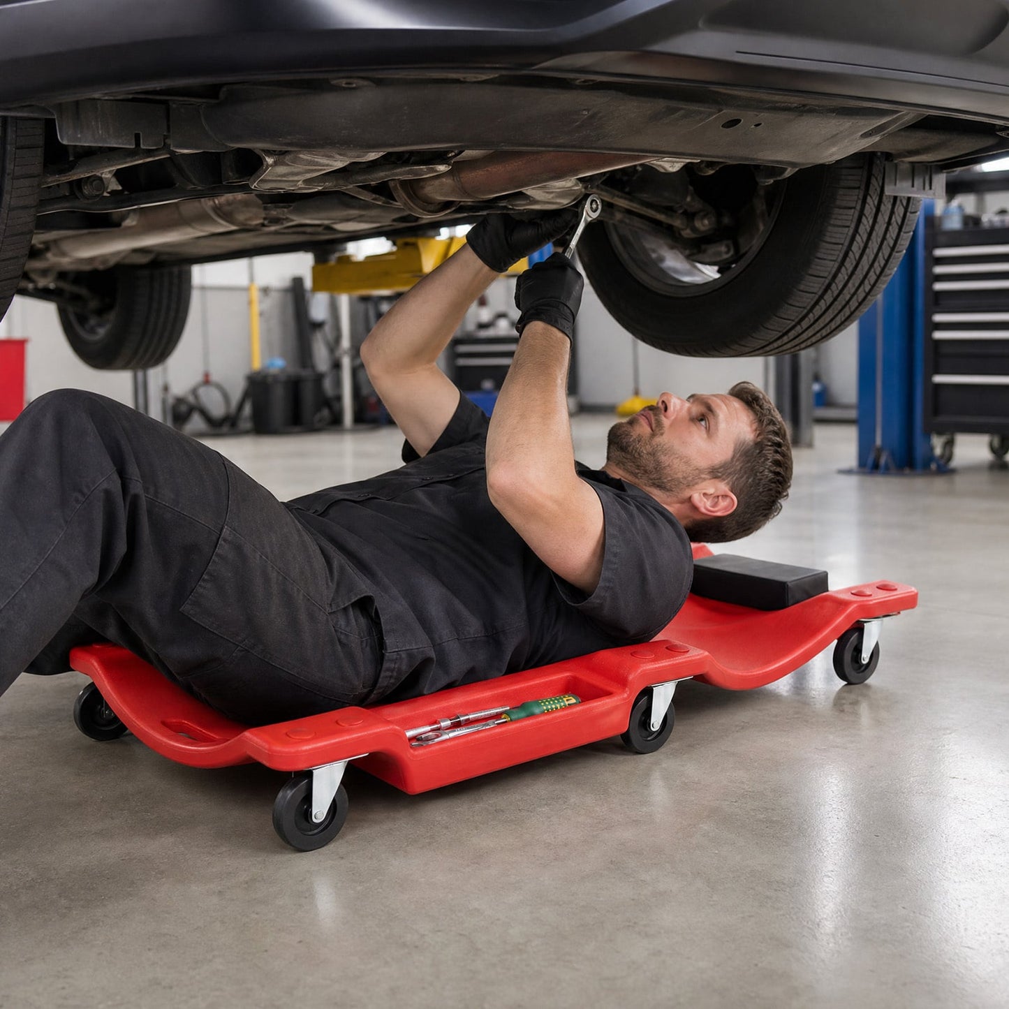 91 CM Low Profile Rolling Garage Creeper with Padded Headrest-Red