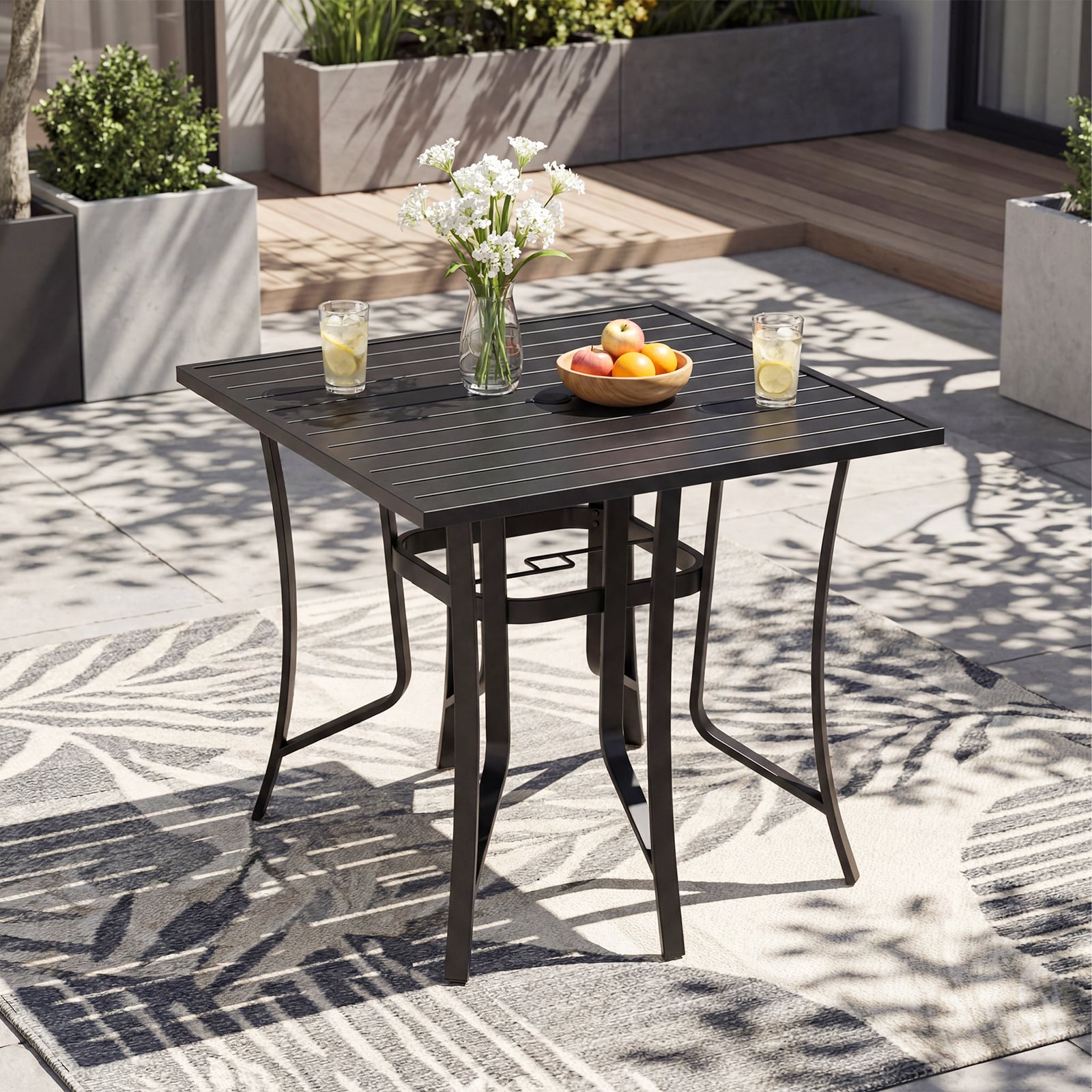 91CM Square Patio Table for 4 Outdoor Metal Dining Table with Umbrella Hole-Black