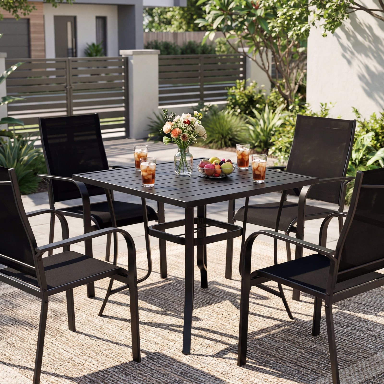 91CM Square Patio Table for 4 Outdoor Metal Dining Table with Umbrella Hole-Black