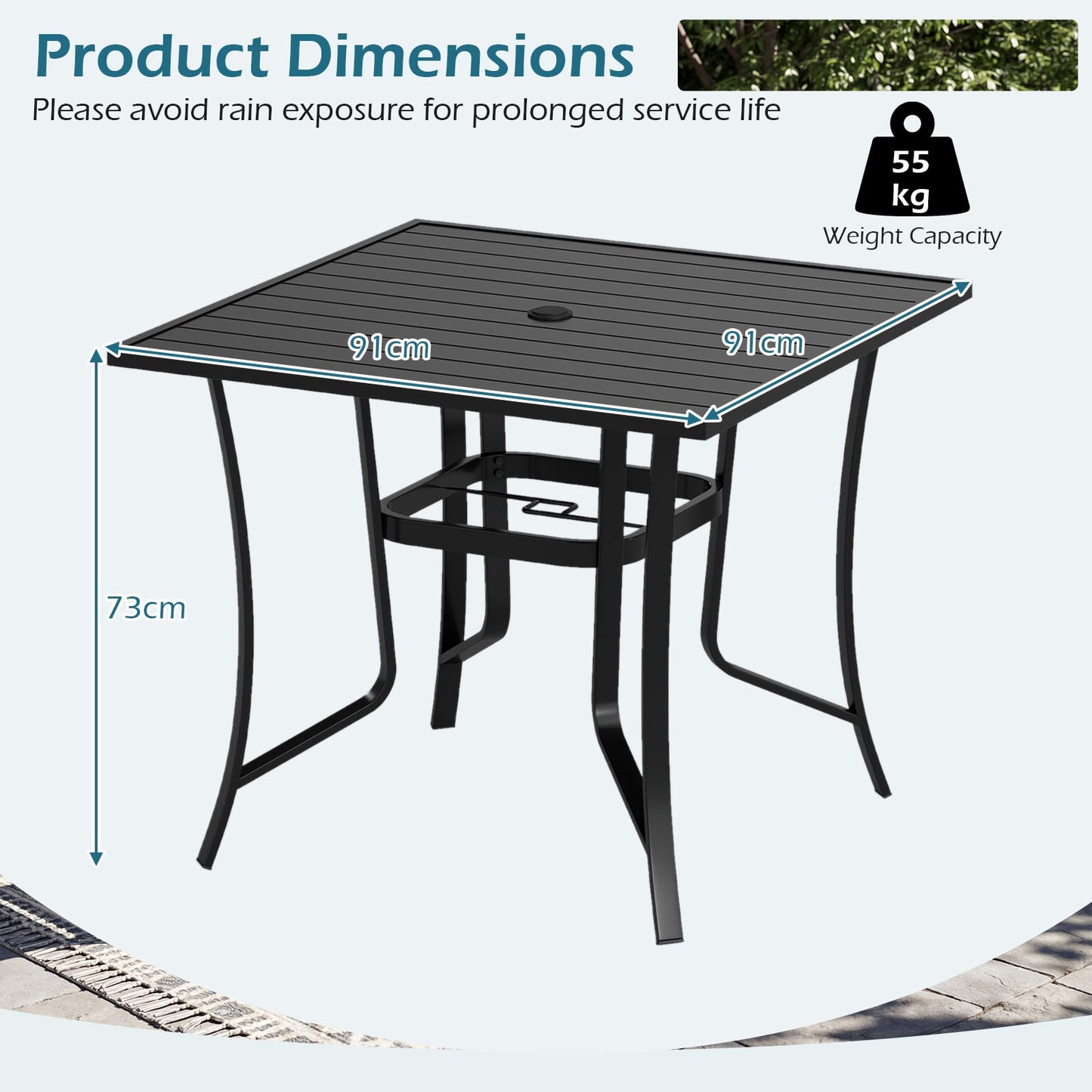 91CM Square Patio Table for 4 Outdoor Metal Dining Table with Umbrella Hole-Black