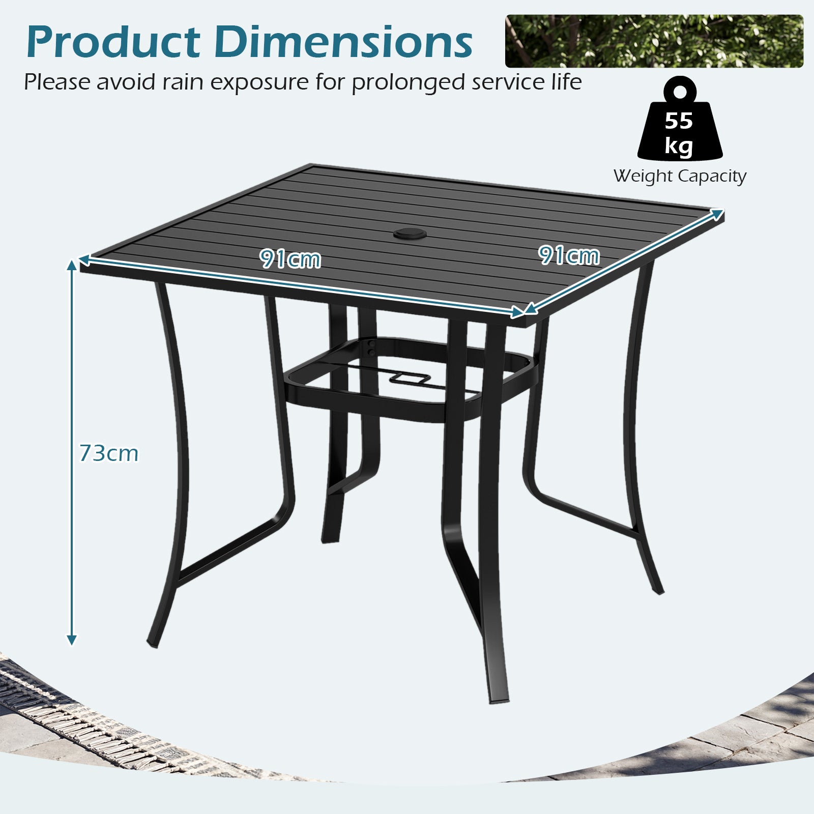 91CM Square Patio Table for 4 Outdoor Metal Dining Table with Umbrella Hole-Black